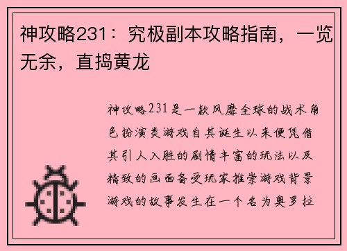 神攻略231：究极副本攻略指南，一览无余，直捣黄龙