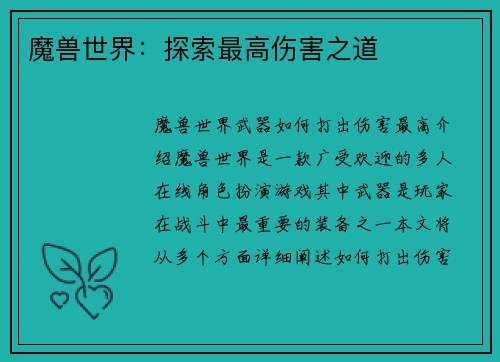 魔兽世界：探索最高伤害之道